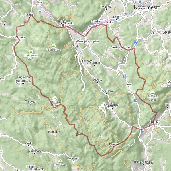 Miniatura della mappa di ispirazione al ciclismo "Giro in bicicletta di Semič a Vrčice e Kamenjak" nella regione di Vzhodna Slovenija, Slovenia. Generata da Tarmacs.app, pianificatore di rotte ciclistiche