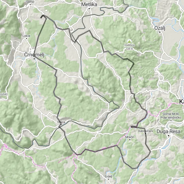 Miniatura della mappa di ispirazione al ciclismo "Giro in bicicletta da Semič" nella regione di Vzhodna Slovenija, Slovenia. Generata da Tarmacs.app, pianificatore di rotte ciclistiche