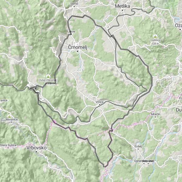 Map miniature of "Mountains and Valleys" cycling inspiration in Vzhodna Slovenija, Slovenia. Generated by Tarmacs.app cycling route planner