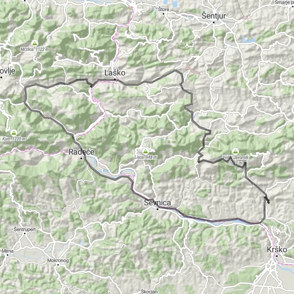 Map miniature of "Senovo Loop" cycling inspiration in Vzhodna Slovenija, Slovenia. Generated by Tarmacs.app cycling route planner