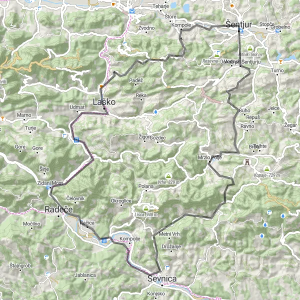 Miniatura della mappa di ispirazione al ciclismo "Sfida ciclistica tra Sevnica e Laško" nella regione di Vzhodna Slovenija, Slovenia. Generata da Tarmacs.app, pianificatore di rotte ciclistiche