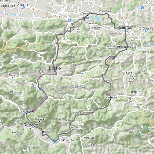 Map miniature of "Scenic Loop through Laško" cycling inspiration in Vzhodna Slovenija, Slovenia. Generated by Tarmacs.app cycling route planner