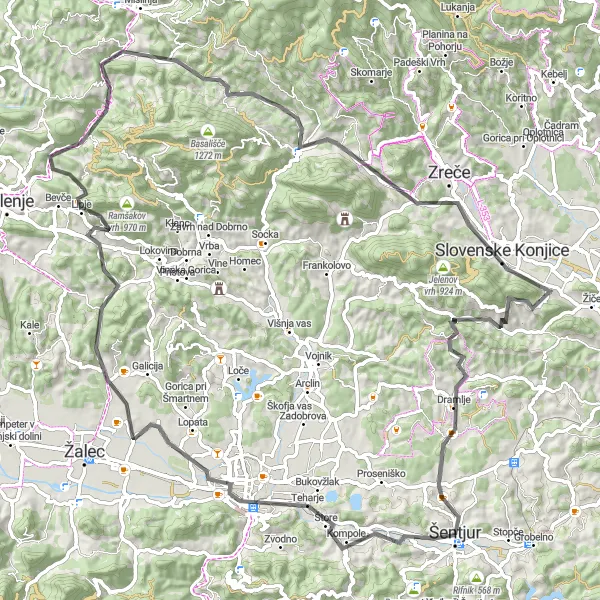 Map miniature of "Scenic Tour of Šentjur and Slovenske Konjice" cycling inspiration in Vzhodna Slovenija, Slovenia. Generated by Tarmacs.app cycling route planner