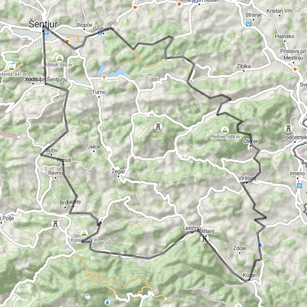 Map miniature of "Lisca and Mastnkov Hrib Cycling Tour" cycling inspiration in Vzhodna Slovenija, Slovenia. Generated by Tarmacs.app cycling route planner