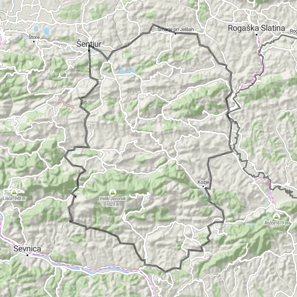 Map miniature of "Šentjur Epic Road Cycling Route" cycling inspiration in Vzhodna Slovenija, Slovenia. Generated by Tarmacs.app cycling route planner