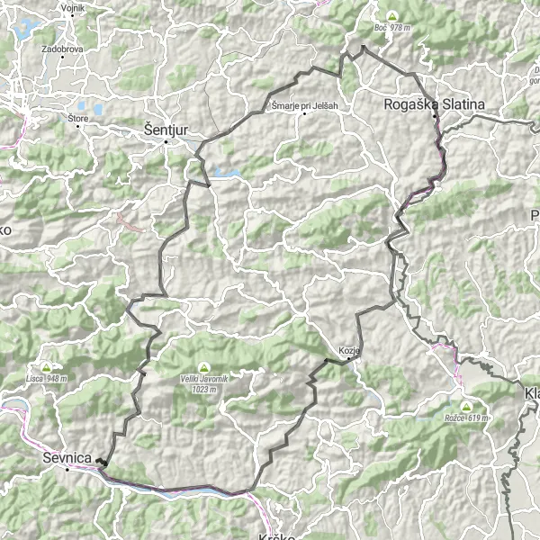 Map miniature of "The Majestic Hills" cycling inspiration in Vzhodna Slovenija, Slovenia. Generated by Tarmacs.app cycling route planner