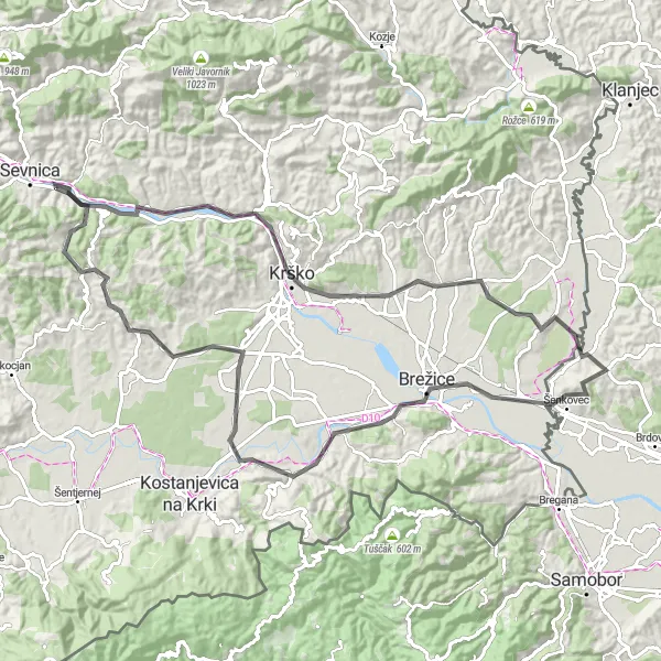 Map miniature of "Round Trip from Sevnica" cycling inspiration in Vzhodna Slovenija, Slovenia. Generated by Tarmacs.app cycling route planner