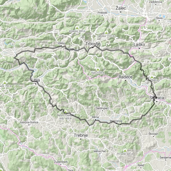 Map miniature of "The Epic Mountain Challenge" cycling inspiration in Vzhodna Slovenija, Slovenia. Generated by Tarmacs.app cycling route planner