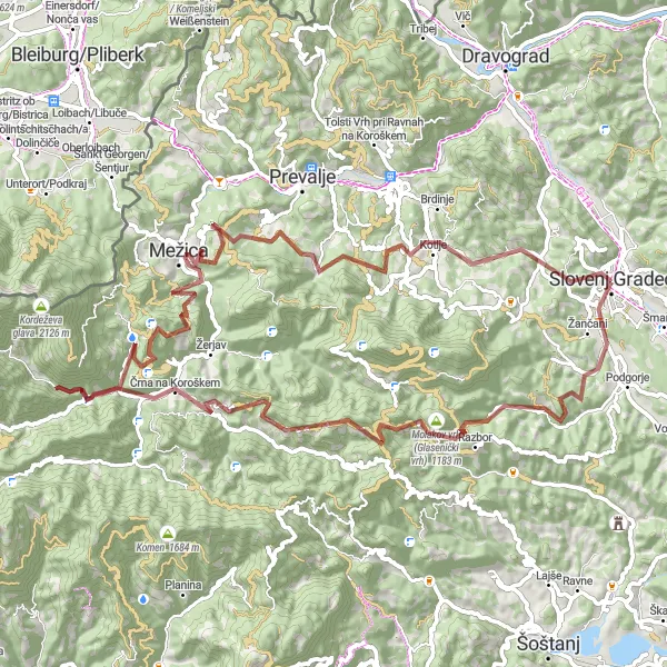 Miniatura della mappa di ispirazione al ciclismo "Sfida Gravel tra Kavšakov vrh e Kotlje" nella regione di Vzhodna Slovenija, Slovenia. Generata da Tarmacs.app, pianificatore di rotte ciclistiche