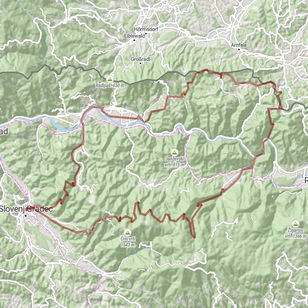 Miniatura della mappa di ispirazione al ciclismo "Giro Ghiaia di Slovenj Gradec" nella regione di Vzhodna Slovenija, Slovenia. Generata da Tarmacs.app, pianificatore di rotte ciclistiche
