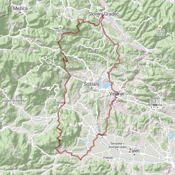 Zemljevid v pomanjšavi "Eksploracija gorske pokrajine in naravnih čudes" kolesarske inspiracije v Vzhodna Slovenija, Slovenia. Generirano z načrtovalcem kolesarskih poti Tarmacs.app