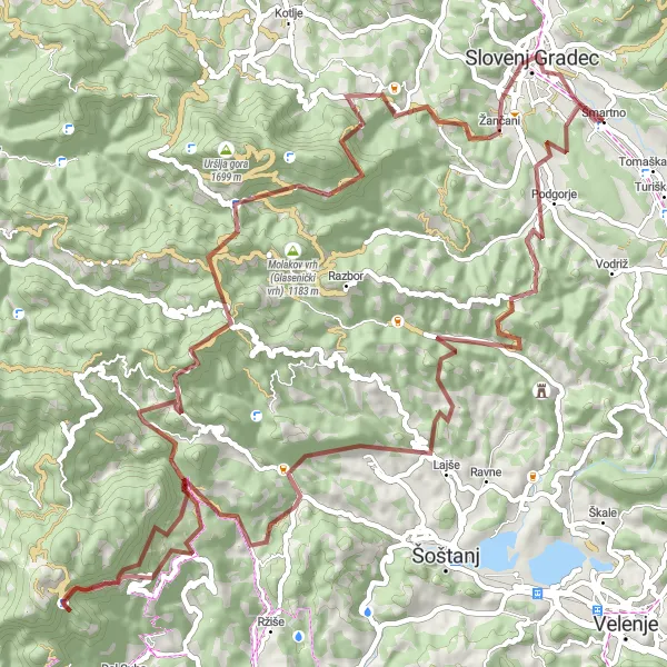 Miniaturní mapa "Gravelová trasa Rdečki vrh - Slovenj Gradec" inspirace pro cyklisty v oblasti Vzhodna Slovenija, Slovenia. Vytvořeno pomocí plánovače tras Tarmacs.app