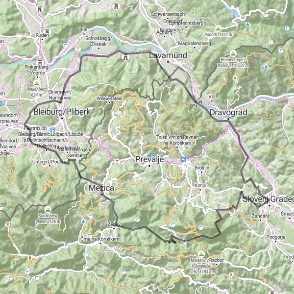 Miniatura della mappa di ispirazione al ciclismo "Giro in Bicicletta Stradale intorno a Slovenj Gradec" nella regione di Vzhodna Slovenija, Slovenia. Generata da Tarmacs.app, pianificatore di rotte ciclistiche