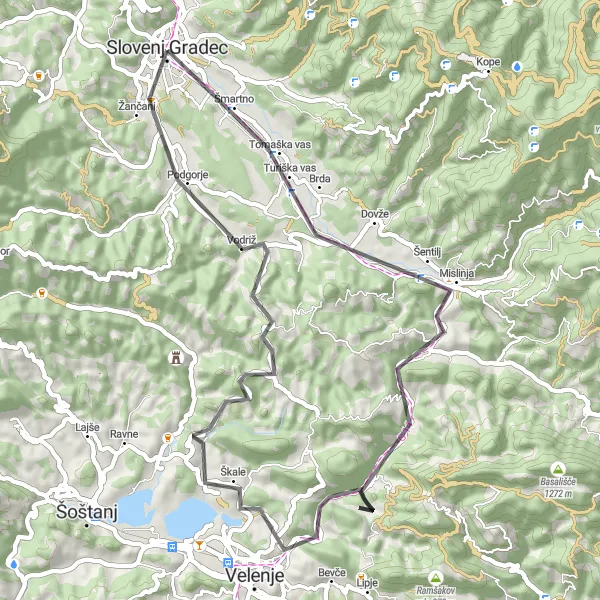 Miniaturní mapa "Road-route Mislinja - Slovenj Gradec" inspirace pro cyklisty v oblasti Vzhodna Slovenija, Slovenia. Vytvořeno pomocí plánovače tras Tarmacs.app