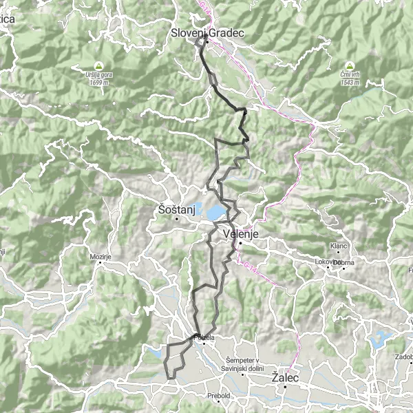 Map miniature of "Graška Gora Loop" cycling inspiration in Vzhodna Slovenija, Slovenia. Generated by Tarmacs.app cycling route planner