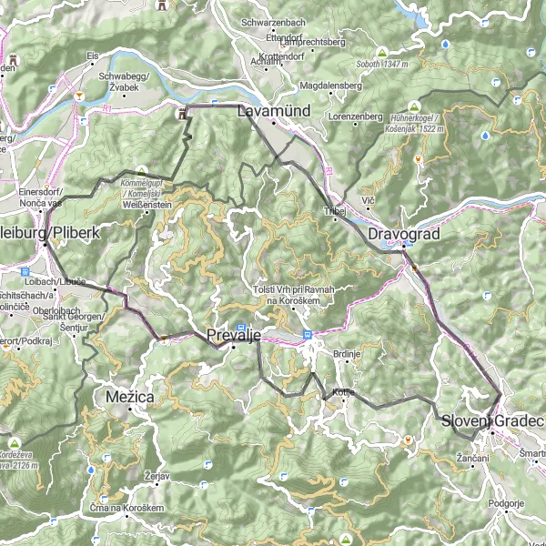 Miniatura della mappa di ispirazione al ciclismo "Giro dei castelli" nella regione di Vzhodna Slovenija, Slovenia. Generata da Tarmacs.app, pianificatore di rotte ciclistiche