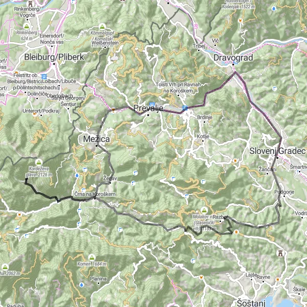 Map miniature of "Slovenj Gradec Mountain Challenge" cycling inspiration in Vzhodna Slovenija, Slovenia. Generated by Tarmacs.app cycling route planner