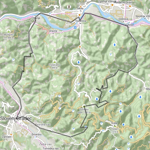 Miniatura della mappa di ispirazione al ciclismo "Itinerario collinare" nella regione di Vzhodna Slovenija, Slovenia. Generata da Tarmacs.app, pianificatore di rotte ciclistiche