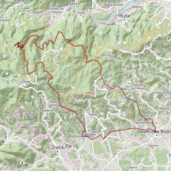 Miniatura della mappa di ispirazione al ciclismo "Giro in bicicletta verso Slovenska Bistrica" nella regione di Vzhodna Slovenija, Slovenia. Generata da Tarmacs.app, pianificatore di rotte ciclistiche