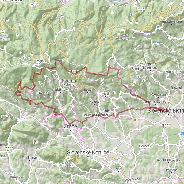 Karten-Miniaturansicht der Radinspiration "Gravel-Fahrradroute zu den Gipfeln von Vzhodna Slovenija" in Vzhodna Slovenija, Slovenia. Erstellt vom Tarmacs.app-Routenplaner für Radtouren