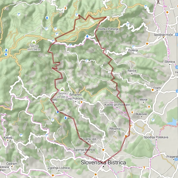 Map miniature of "Zgornja Bistrica Gravel Loop" cycling inspiration in Vzhodna Slovenija, Slovenia. Generated by Tarmacs.app cycling route planner