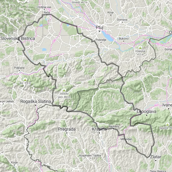 Map miniature of "Eastern Slovenia Loop" cycling inspiration in Vzhodna Slovenija, Slovenia. Generated by Tarmacs.app cycling route planner