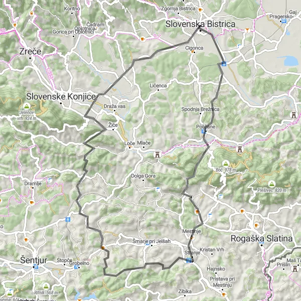 Miniaturní mapa "Road Cycling Route from Slovenska Bistrica" inspirace pro cyklisty v oblasti Vzhodna Slovenija, Slovenia. Vytvořeno pomocí plánovače tras Tarmacs.app