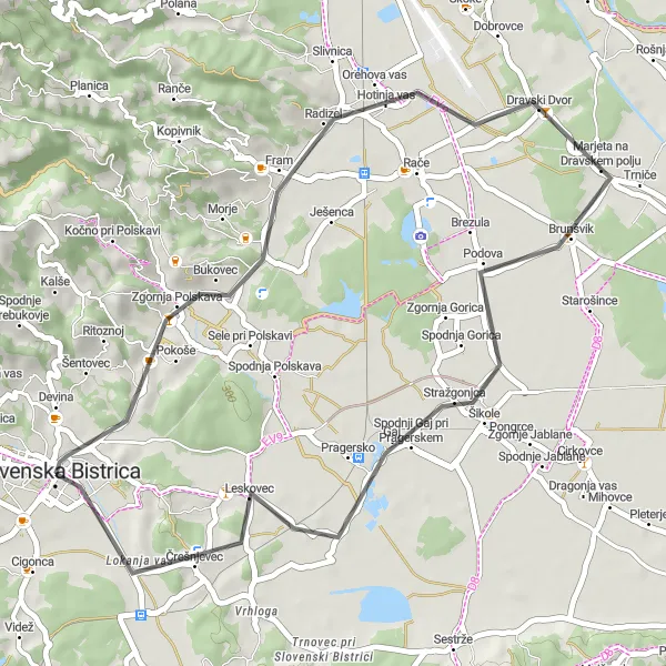 Miniatura della mappa di ispirazione al ciclismo "Passeggiata in bicicletta intorno a Slovenska Bistrica" nella regione di Vzhodna Slovenija, Slovenia. Generata da Tarmacs.app, pianificatore di rotte ciclistiche