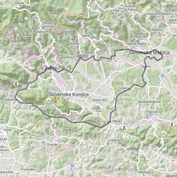 Miniatura della mappa di ispirazione al ciclismo "Avventura ciclistica tra le colline slovene" nella regione di Vzhodna Slovenija, Slovenia. Generata da Tarmacs.app, pianificatore di rotte ciclistiche