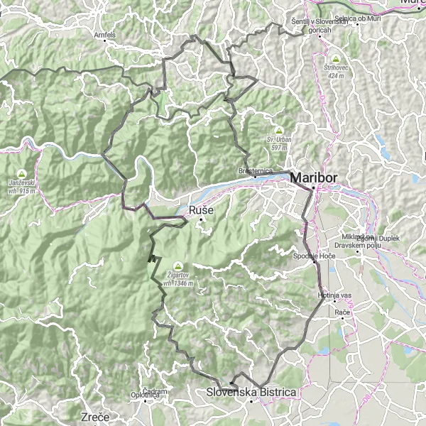Map miniature of "Mountainous Wilderness" cycling inspiration in Vzhodna Slovenija, Slovenia. Generated by Tarmacs.app cycling route planner