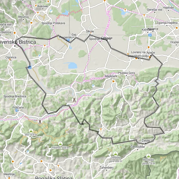 Map miniature of "Eastern Slovenian Parks" cycling inspiration in Vzhodna Slovenija, Slovenia. Generated by Tarmacs.app cycling route planner