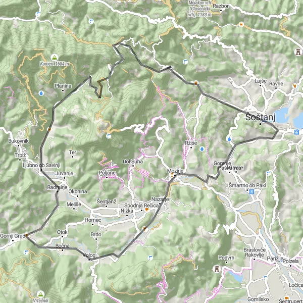 Map miniature of "Serene ride to Mozirje" cycling inspiration in Vzhodna Slovenija, Slovenia. Generated by Tarmacs.app cycling route planner