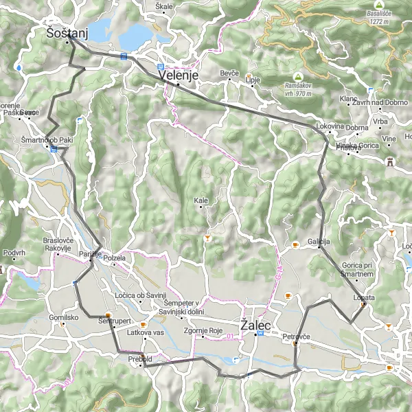 Miniaturní mapa "Okružní cyklotrasa Grad - Šoštanj" inspirace pro cyklisty v oblasti Vzhodna Slovenija, Slovenia. Vytvořeno pomocí plánovače tras Tarmacs.app