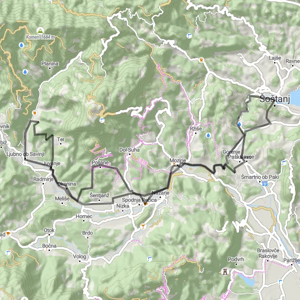 Map miniature of "Sostanj to Dobrova Loop" cycling inspiration in Vzhodna Slovenija, Slovenia. Generated by Tarmacs.app cycling route planner