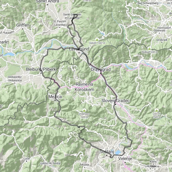 Map miniature of "Round-trip from Šoštanj through Eastern Slovenia" cycling inspiration in Vzhodna Slovenija, Slovenia. Generated by Tarmacs.app cycling route planner