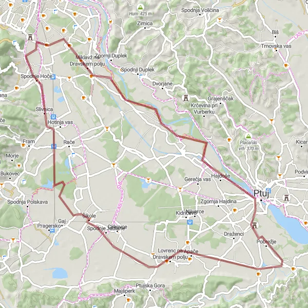 Miniaturní mapa "Gravel okružní trasa kolem Spodnje Hoče" inspirace pro cyklisty v oblasti Vzhodna Slovenija, Slovenia. Vytvořeno pomocí plánovače tras Tarmacs.app