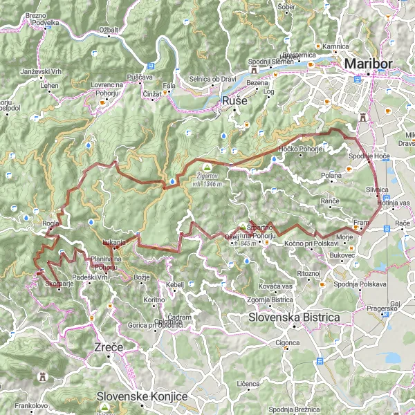 Miniaturní mapa "Extended gravel cycling route from Spodnje Hoče" inspirace pro cyklisty v oblasti Vzhodna Slovenija, Slovenia. Vytvořeno pomocí plánovače tras Tarmacs.app