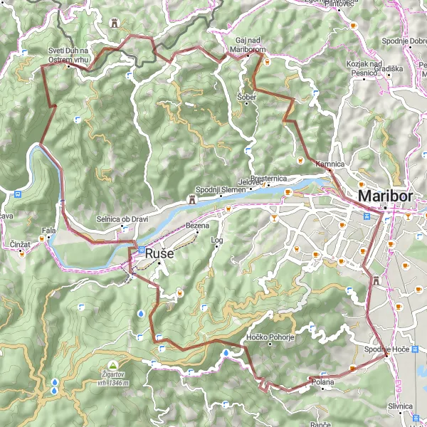 Miniaturní mapa "Cyklotrasa Petkovo sedlo a Maribor" inspirace pro cyklisty v oblasti Vzhodna Slovenija, Slovenia. Vytvořeno pomocí plánovače tras Tarmacs.app