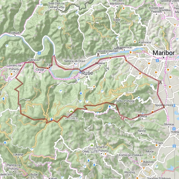 Miniatura mapy "Trasa Gravel: Zgornje Hoče - Petkovo sedlo - Bajgot - Mizni vrh - Lovrenc na Pohorju - Karolina - Ruše - Pekrska gorca - Spodnje Hoče" - trasy rowerowej w Vzhodna Slovenija, Slovenia. Wygenerowane przez planer tras rowerowych Tarmacs.app