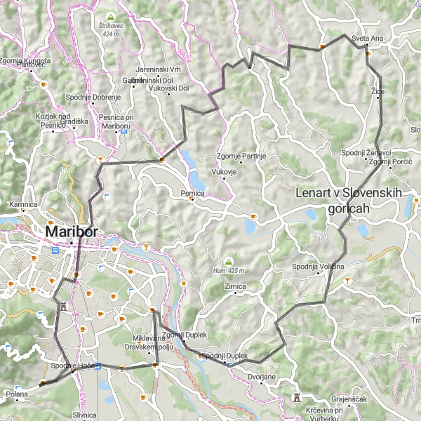 Miniaturní mapa "Trasa skrze Maribor a Slovenske gorice" inspirace pro cyklisty v oblasti Vzhodna Slovenija, Slovenia. Vytvořeno pomocí plánovače tras Tarmacs.app