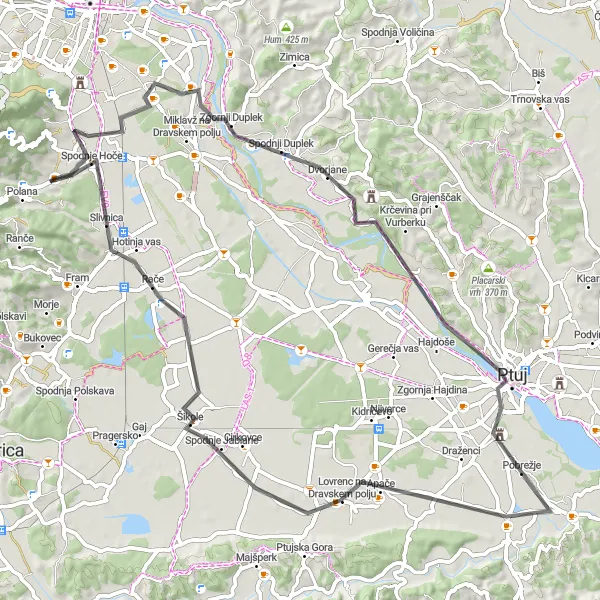 Map miniature of "Scenic Road Tour: Spodnje Hoče to Ptuj" cycling inspiration in Vzhodna Slovenija, Slovenia. Generated by Tarmacs.app cycling route planner