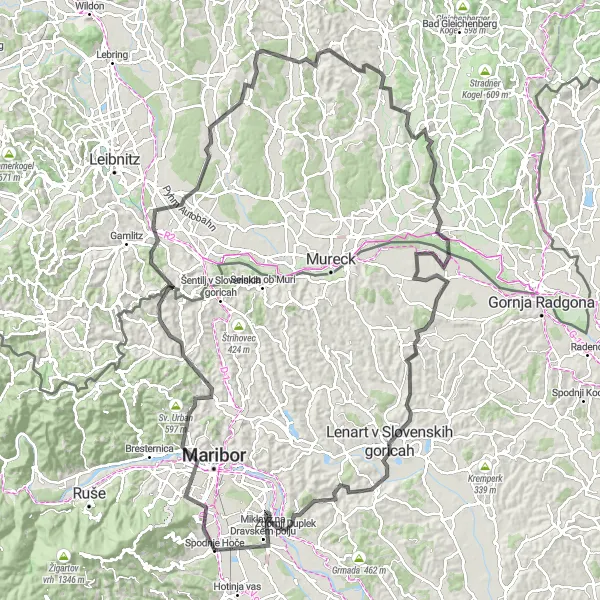 Miniaturní mapa "Road cycling expedition from Spodnje Hoče" inspirace pro cyklisty v oblasti Vzhodna Slovenija, Slovenia. Vytvořeno pomocí plánovače tras Tarmacs.app