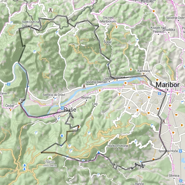 Miniatura della mappa di ispirazione al ciclismo "Giro delle Cime dell'Est" nella regione di Vzhodna Slovenija, Slovenia. Generata da Tarmacs.app, pianificatore di rotte ciclistiche