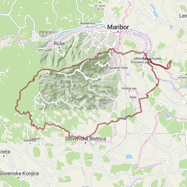 Map miniature of "Gravel Adventure to Veliko Tinje" cycling inspiration in Vzhodna Slovenija, Slovenia. Generated by Tarmacs.app cycling route planner