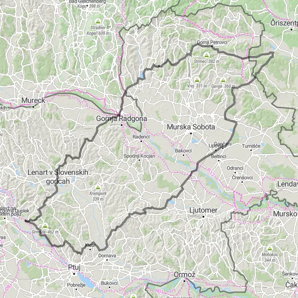 Map miniature of "Ultimate Slovenske gorice Adventure" cycling inspiration in Vzhodna Slovenija, Slovenia. Generated by Tarmacs.app cycling route planner