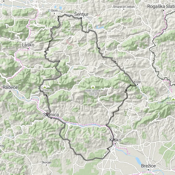 Zemljevid v pomanjšavi "Krožna kolesarska pot po okolici Krškega" kolesarske inspiracije v Vzhodna Slovenija, Slovenia. Generirano z načrtovalcem kolesarskih poti Tarmacs.app