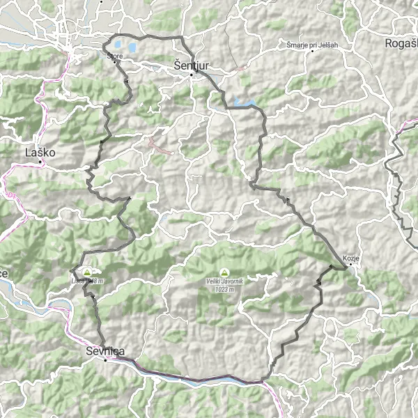 Map miniature of "The Gorica Adventure" cycling inspiration in Vzhodna Slovenija, Slovenia. Generated by Tarmacs.app cycling route planner