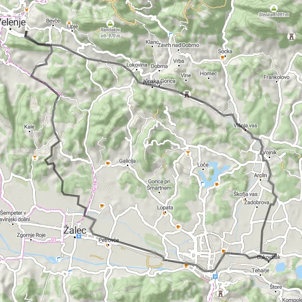 Zemljevid v pomanjšavi "Sproščujoča kolesarska pot do Bukovžlaka" kolesarske inspiracije v Vzhodna Slovenija, Slovenia. Generirano z načrtovalcem kolesarskih poti Tarmacs.app