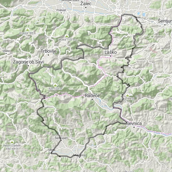 Map miniature of "The Mountain Explorer" cycling inspiration in Vzhodna Slovenija, Slovenia. Generated by Tarmacs.app cycling route planner