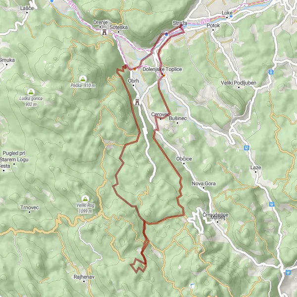 Map miniature of "Easy Gravel Ride to Dolenjske Toplice" cycling inspiration in Vzhodna Slovenija, Slovenia. Generated by Tarmacs.app cycling route planner